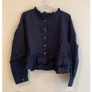 画像: リネン裾フリルブラウス　ブラック